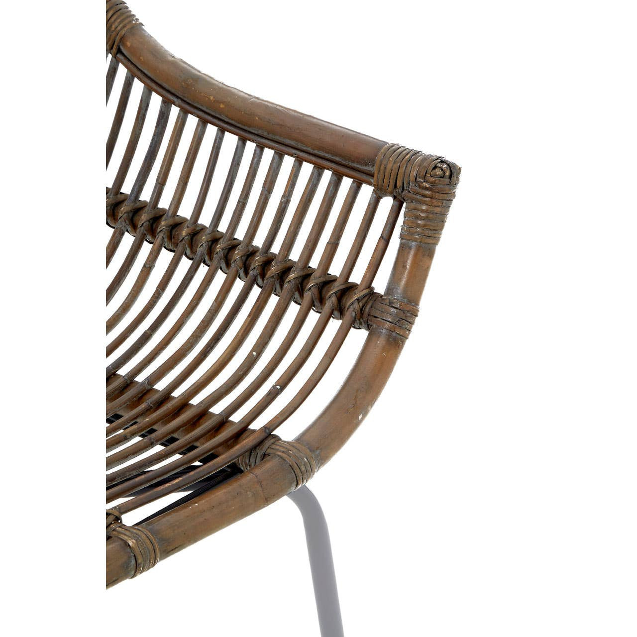 A close-up view of the Lagom Grey Wash Natural Rattan Chair, showcasing the curved, woven rattan seat and backrest with a grey wash finish. The chair features a sleek metal frame, highlighting its modern design and natural materials