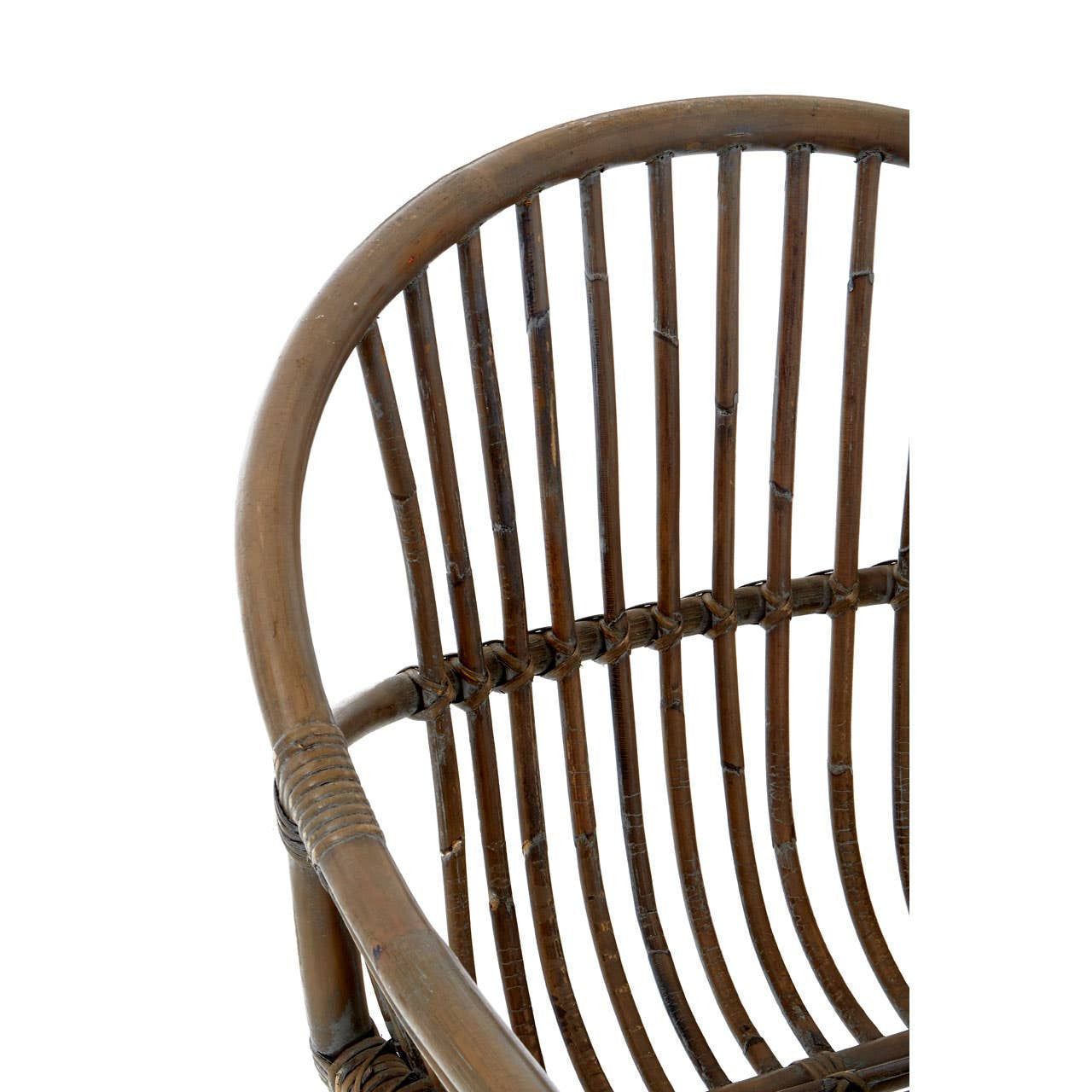 Natural rattan chair featuring a grey wash finish, showcasing a curved backrest with vertical slats and a smooth, rounded armrest. The chair's design emphasizes a minimalist aesthetic, highlighting the texture of the rattan material