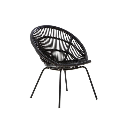 A black natural rattan chair featuring a rounded, open-weave design and sturdy iron legs, showcasing a modern and stylish aesthetic suitable for home decor