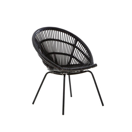 A black natural rattan chair featuring a rounded, open-weave design and sturdy iron legs, showcasing a modern and stylish aesthetic suitable for home decor