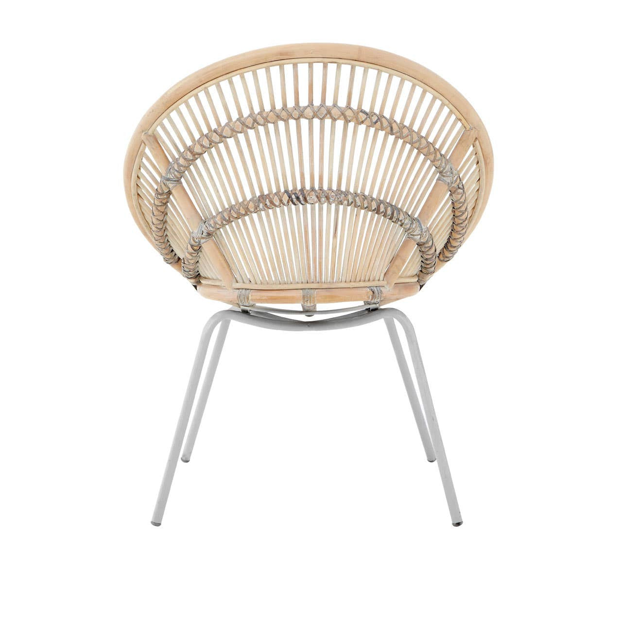 A round chair made of white-washed natural rattan with a woven design, supported by sleek metal legs. The chair features a spacious, open seat that showcases the intricate rattan pattern, creating a light and airy aesthetic suitable for modern home decor