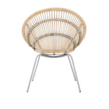 A round chair made of white-washed natural rattan with a woven design, supported by sleek metal legs. The chair features a spacious, open seat that showcases the intricate rattan pattern, creating a light and airy aesthetic suitable for modern home decor
