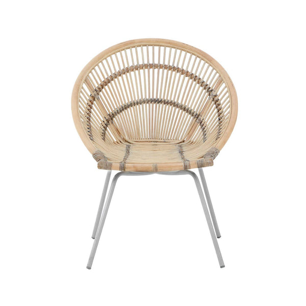 A white washed natural rattan chair with a rounded backrest and a sleek metal frame, showcasing a minimalist design that highlights the woven texture of the rattan. The chair is positioned upright, emphasizing its contemporary style and light color palette