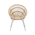 A white washed natural rattan chair with a rounded backrest and a sleek metal frame, showcasing a minimalist design that highlights the woven texture of the rattan. The chair is positioned upright, emphasizing its contemporary style and light color palette