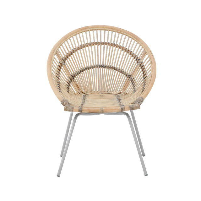 A white washed natural rattan chair with a rounded backrest and a sleek metal frame, showcasing a minimalist design that highlights the woven texture of the rattan. The chair is positioned upright, emphasizing its contemporary style and light color palette