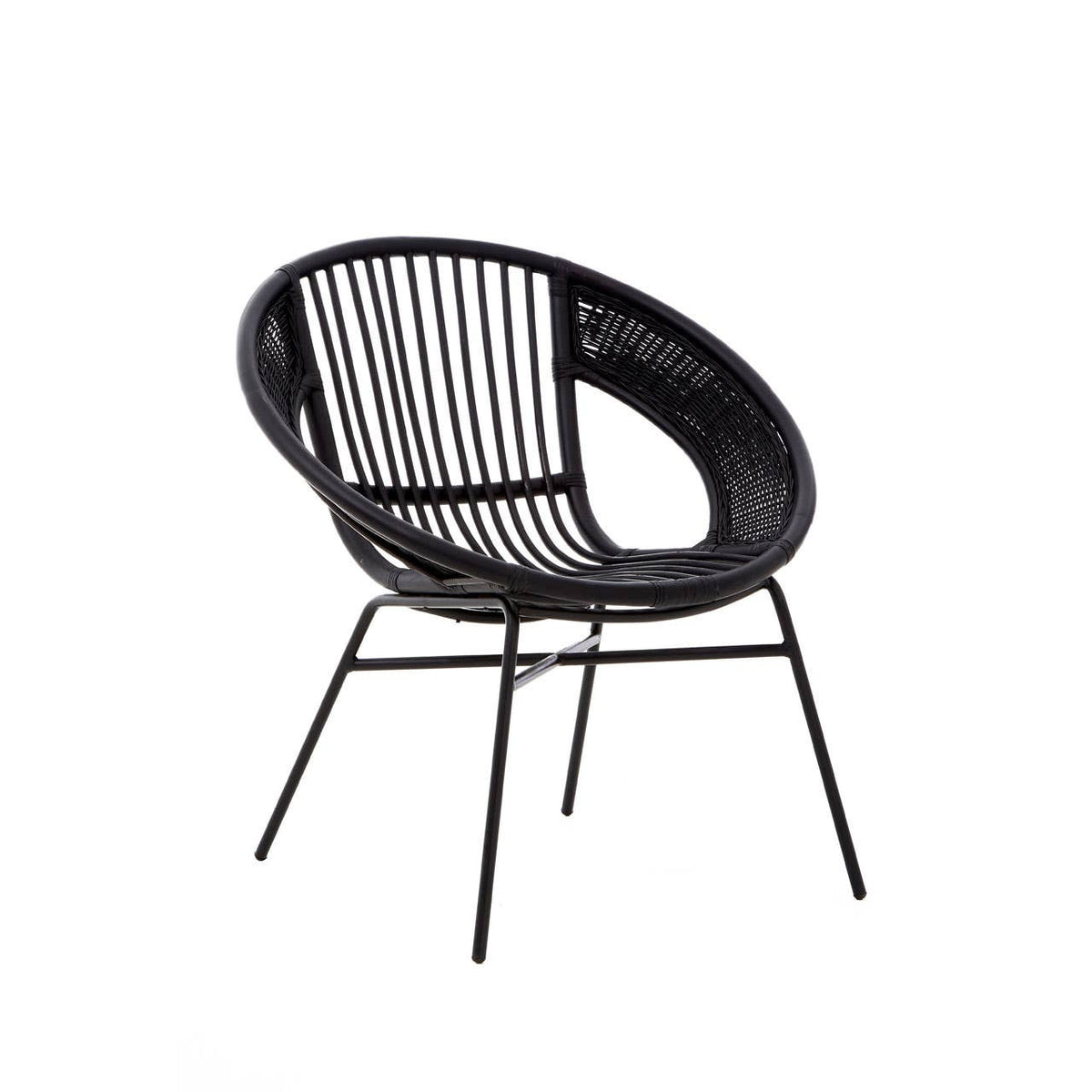 A black chair featuring a round, open design made of natural rattan and iron, with a sleek black finish. The chair has a curved backrest and slender legs, showcasing a modern and minimalist aesthetic