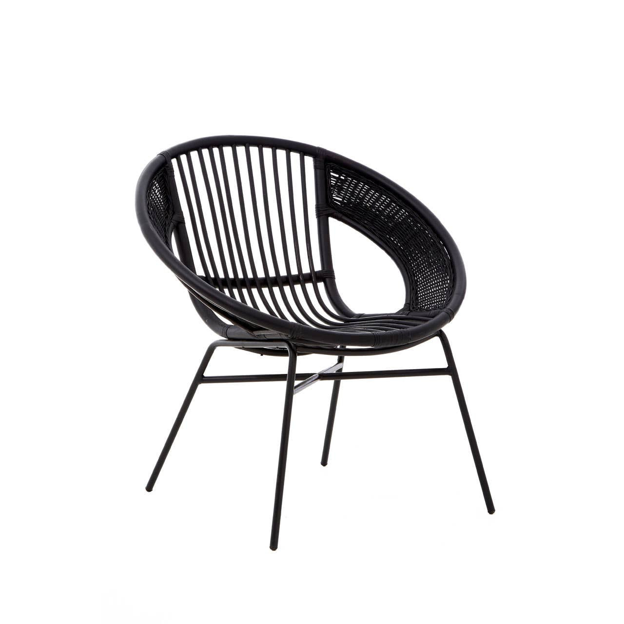 A black chair featuring a round, open design made of natural rattan and iron, with a sleek black finish. The chair has a curved backrest and slender legs, showcasing a modern and minimalist aesthetic