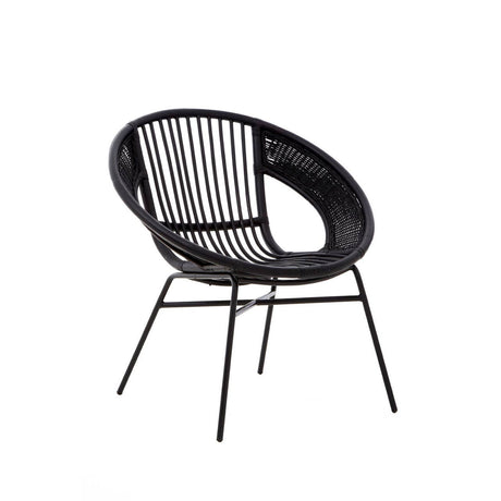 A black chair featuring a round, open design made of natural rattan and iron, with a sleek black finish. The chair has a curved backrest and slender legs, showcasing a modern and minimalist aesthetic
