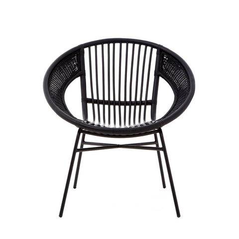 A round black chair featuring a natural rattan backrest with vertical slats, supported by a sturdy black iron frame and legs. The design is modern and minimalist, suitable for various home decor styles