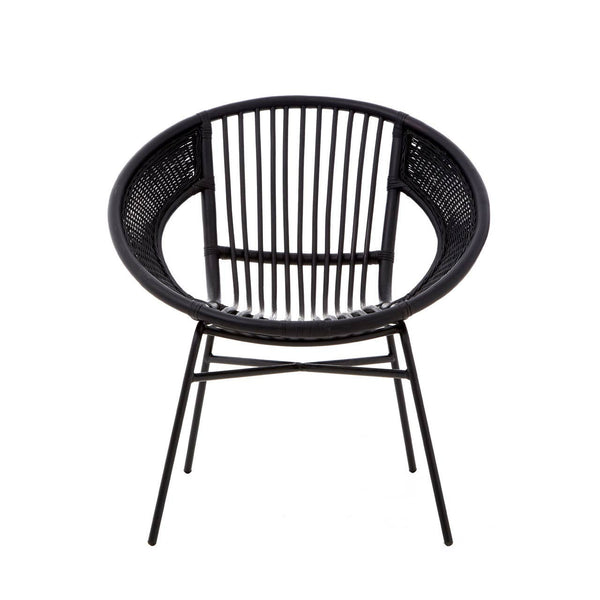 A round black chair featuring a natural rattan backrest with vertical slats, supported by a sturdy black iron frame and legs. The design is modern and minimalist, suitable for various home decor styles