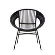 A round black chair featuring a natural rattan backrest with vertical slats, supported by a sturdy black iron frame and legs. The design is modern and minimalist, suitable for various home decor styles