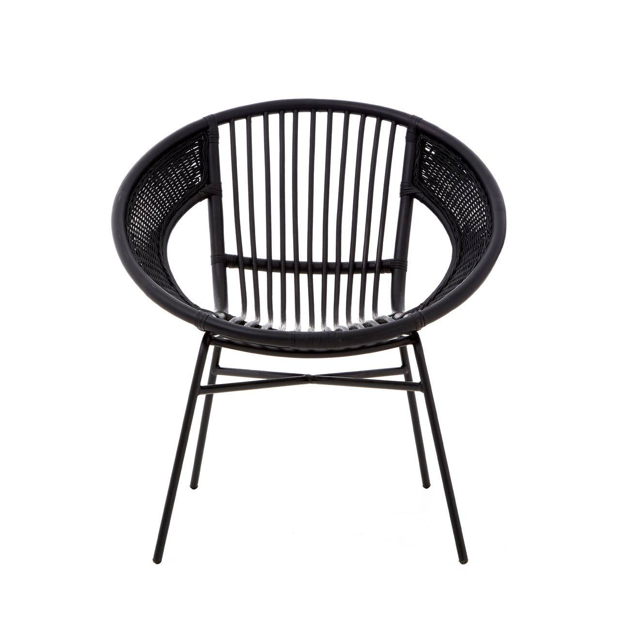A round black chair featuring a natural rattan backrest with vertical slats, supported by a sturdy black iron frame and legs. The design is modern and minimalist, suitable for various home decor styles