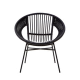 A round black chair featuring a natural rattan backrest with vertical slats, supported by a sturdy black iron frame and legs. The design is modern and minimalist, suitable for various home decor styles