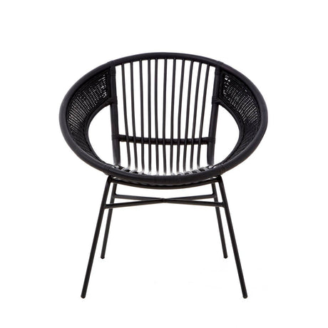 A round black chair featuring a natural rattan backrest with vertical slats, supported by a sturdy black iron frame and legs. The design is modern and minimalist, suitable for various home decor styles