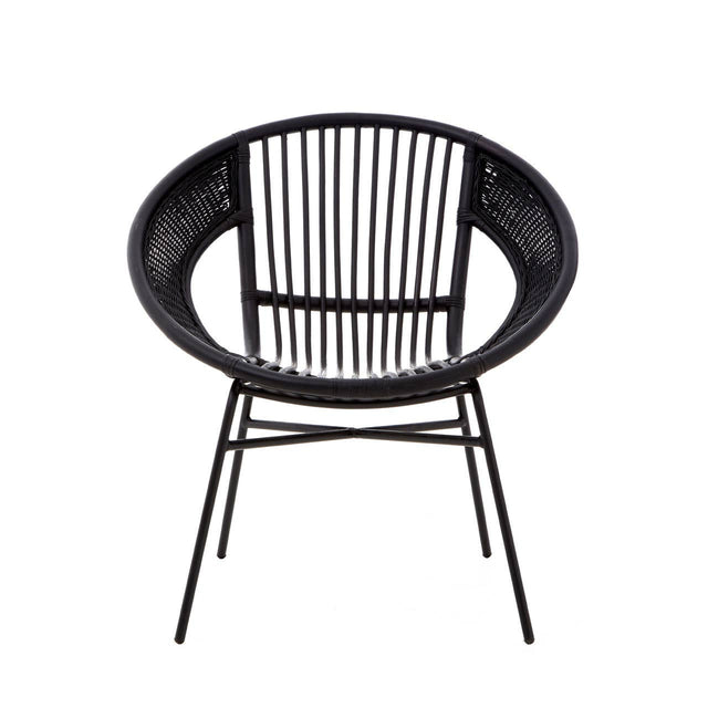 A round black chair featuring a natural rattan backrest with vertical slats, supported by a sturdy black iron frame and legs. The design is modern and minimalist, suitable for various home decor styles