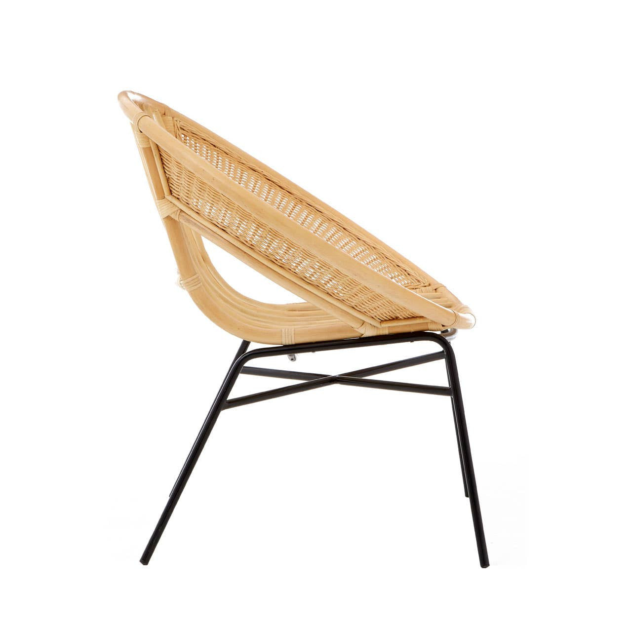 A side view of a chair featuring a natural rattan seat with a curved design, supported by a sleek black iron frame and legs. The chair has a minimalist aesthetic, showcasing the contrast between the light rattan and dark metal