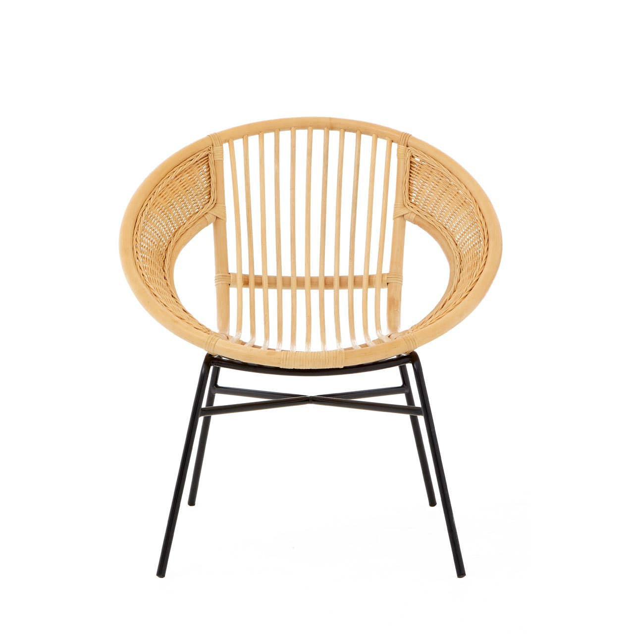 Natural rattan chair with a rounded backrest and black iron legs, showcasing a minimalist design that combines organic textures with modern materials. The chair features vertical slats in the back and a wide seat, emphasizing comfort and style