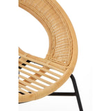 Natural rattan chair with a curved backrest and slatted seat, supported by a sleek black iron frame. The design features a light, airy aesthetic, showcasing the woven texture of the rattan