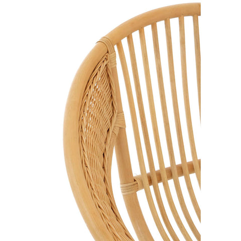 Close-up view of the Lagom Natural Rattan and Black Iron Chair, showcasing the curved rattan backrest with vertical slats and a smooth, natural finish, complemented by a sleek black iron frame