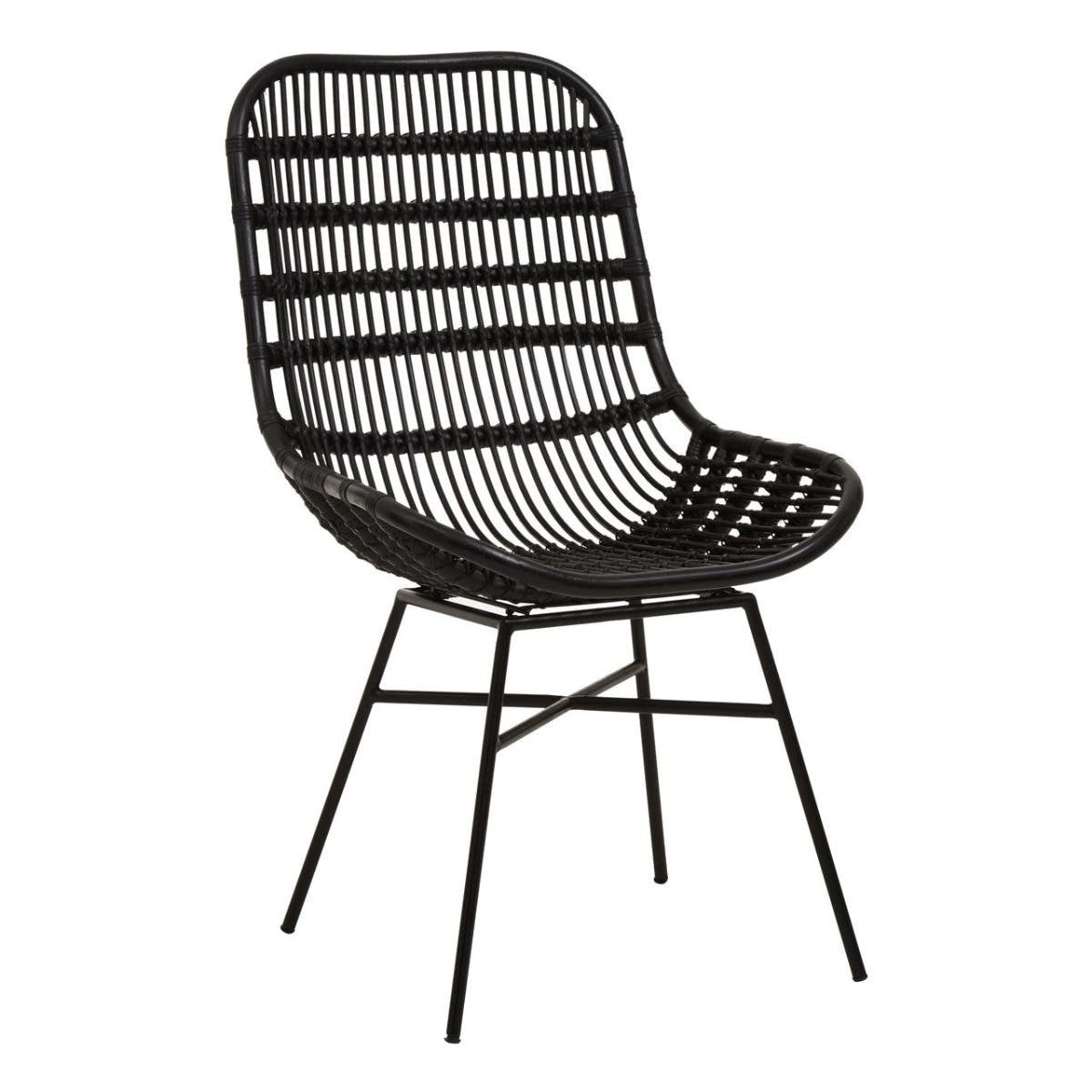 Curved black rattan chair with a slatted backrest and seat, supported by slender metal legs. The design features a modern aesthetic with a natural texture, suitable for home decor