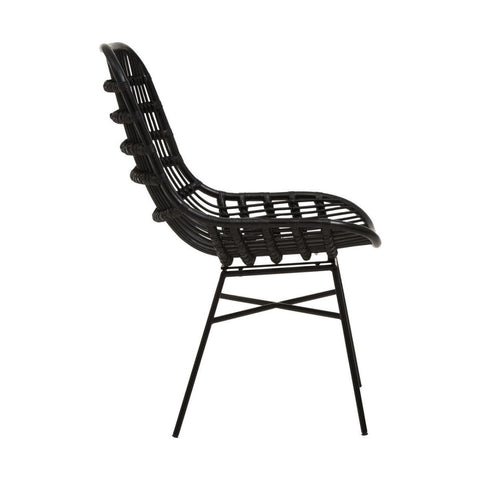Curved black rattan chair with a natural finish, featuring a unique design with a high back and a slatted seat. The chair is supported by slender black metal legs, creating a modern and stylish look suitable for home decor