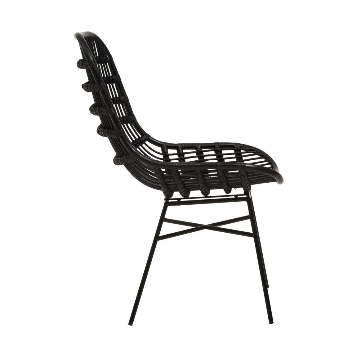 Curved black rattan chair with a natural finish, featuring a unique design with a high back and a slatted seat. The chair is supported by slender black metal legs, creating a modern and stylish look suitable for home decor