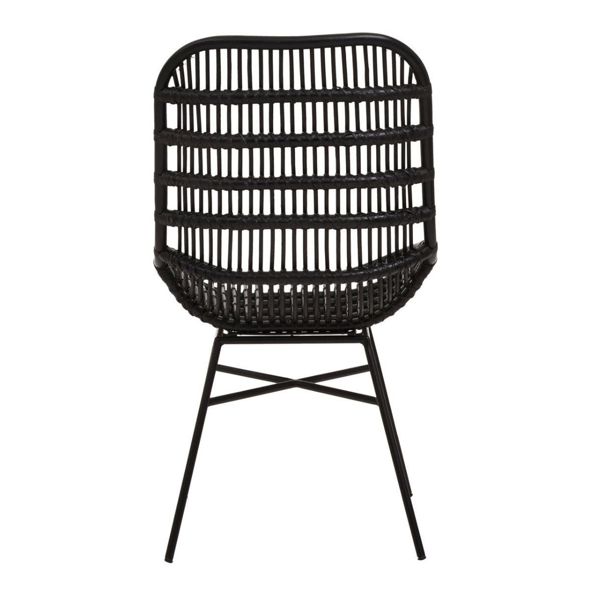 Curved black chair made of natural rattan with a slatted backrest and slender metal legs, designed for modern home decor