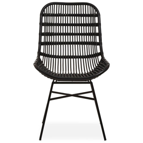 Curved black rattan chair with a natural finish, featuring a slatted backrest and a minimalist design, supported by slender metal legs
