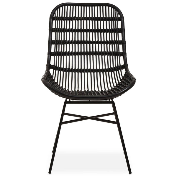 Curved black rattan chair with a natural finish, featuring a slatted backrest and a minimalist design, supported by slender metal legs