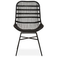 Curved black rattan chair with a natural finish, featuring a slatted backrest and a minimalist design, supported by slender metal legs