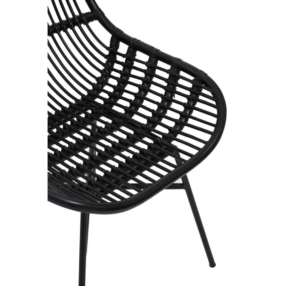 Curved black rattan chair featuring a sleek, open-weave design with a modern aesthetic, supported by slender black metal legs. The chair's shape emphasizes comfort and style, making it suitable for various home decor settings