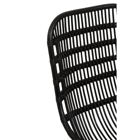 Curved black rattan chair showcasing a sleek design with horizontal slats and a natural finish, emphasizing its modern aesthetic and comfortable structure