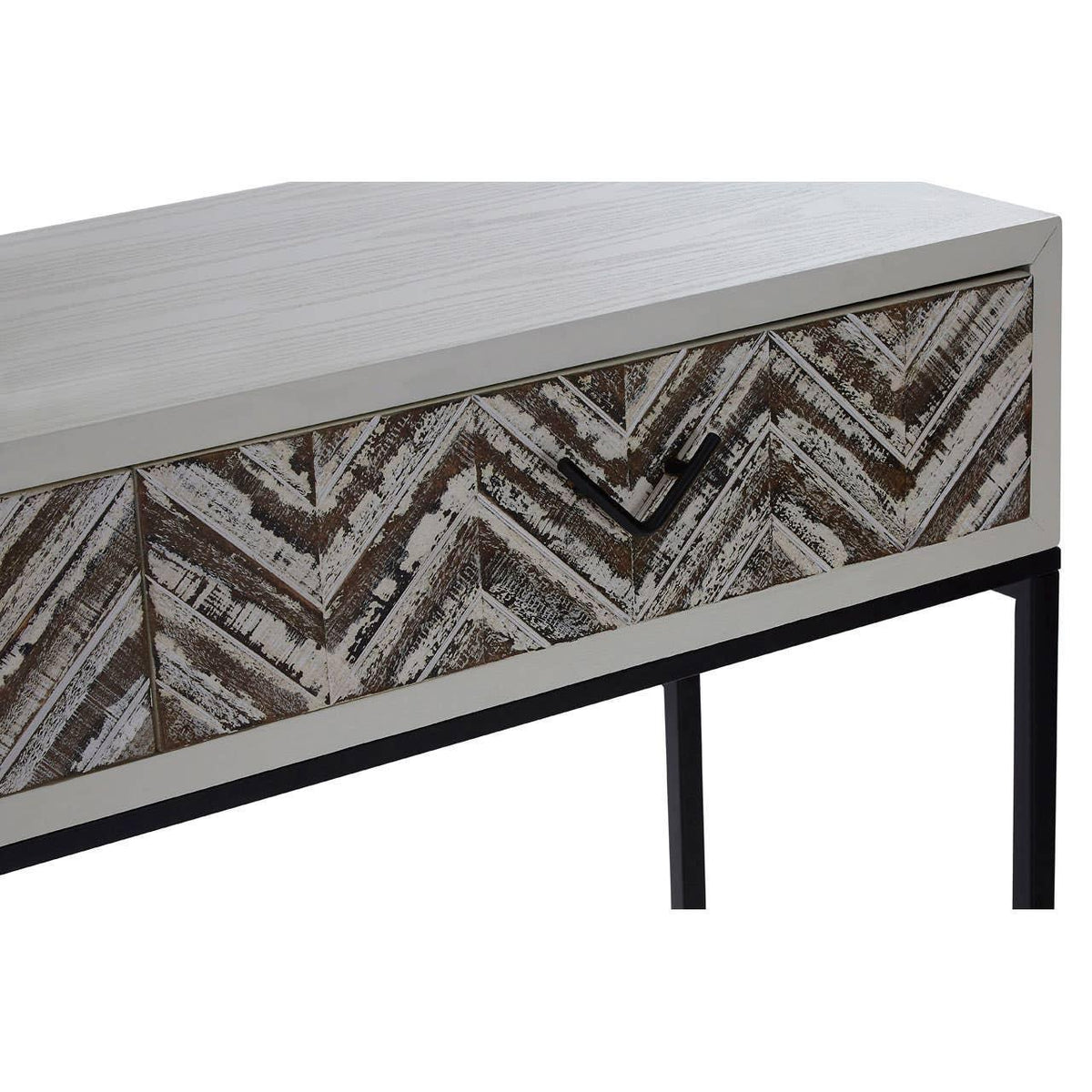 Wood console table with chevron pattern drawer front and black metal legs