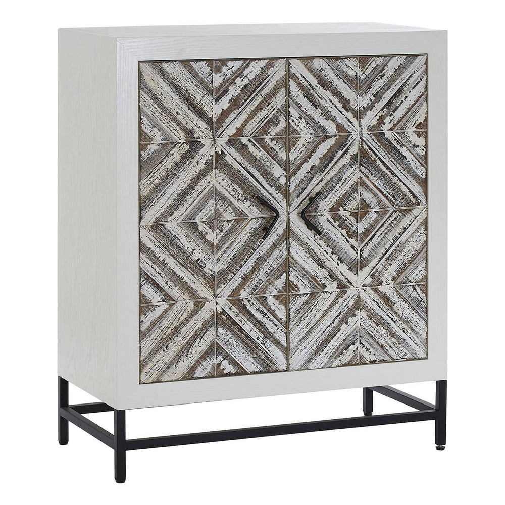 Rustic two-door cabinet featuring a chevron pattern on the front, with a light-colored wood finish and a sleek black metal base. The cabinet has a modern design with geometric detailing, suitable for home decor