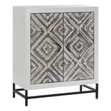 Rustic two-door cabinet featuring a chevron pattern on the front, with a light-colored wood finish and a sleek black metal base. The cabinet has a modern design with geometric detailing, suitable for home decor