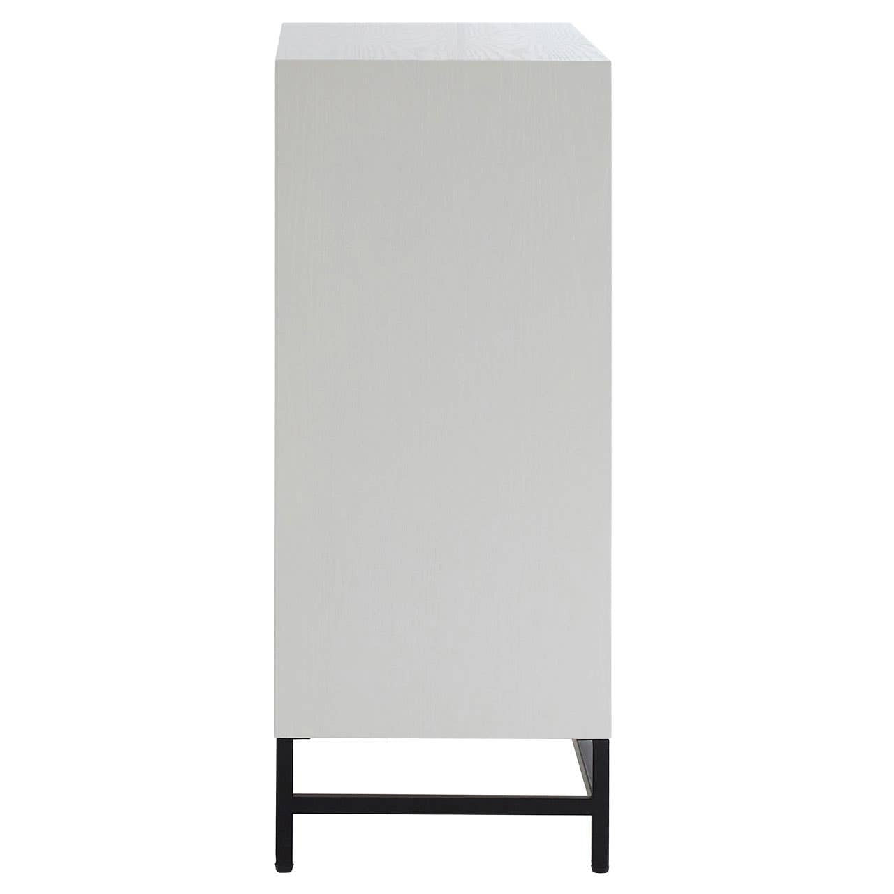 Tall, narrow cabinet with a rustic chevron pattern on the doors, featuring a light-colored wood finish. The cabinet stands on a sleek black metal frame, providing a modern contrast to the rustic design. The doors are closed, showcasing the smooth surface and clean lines of the cabinet