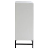 Tall, narrow cabinet with a rustic chevron pattern on the doors, featuring a light-colored wood finish. The cabinet stands on a sleek black metal frame, providing a modern contrast to the rustic design. The doors are closed, showcasing the smooth surface and clean lines of the cabinet