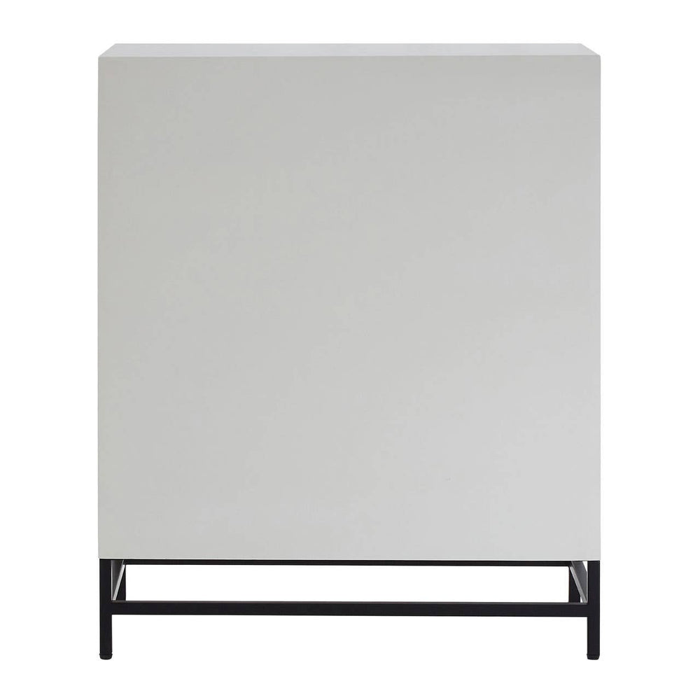 Rustic two-door cabinet featuring a chevron pattern on the doors, a light wood finish, and a sleek black metal base, designed for stylish storage in a home setting