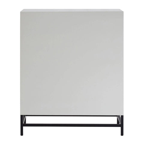 Rustic two-door cabinet featuring a chevron pattern on the doors, a light wood finish, and a sleek black metal base, designed for stylish storage in a home setting