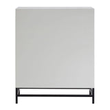 Rustic two-door cabinet featuring a chevron pattern on the doors, a light wood finish, and a sleek black metal base, designed for stylish storage in a home setting