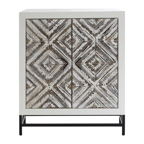 Rustic two-door cabinet featuring a chevron pattern in earthy tones, set on a sleek black metal base. The cabinet has a textured surface with a geometric design, providing a stylish storage solution for home decor