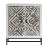 Rustic two-door cabinet featuring a chevron pattern in earthy tones, set on a sleek black metal base. The cabinet has a textured surface with a geometric design, providing a stylish storage solution for home decor