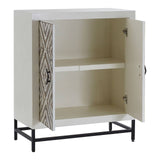 Rustic two-door cabinet featuring a chevron pattern on the doors, a light-colored body, and a black metal frame. The cabinet is open, showcasing two interior shelves for storage
