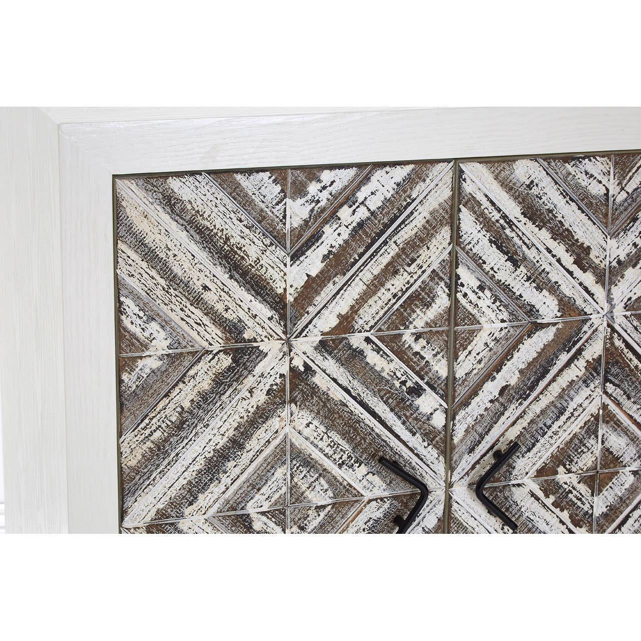 Close-up view of the Lombok Rustic Chevron 2 Door Cabinet featuring a textured chevron pattern in earthy tones, with a white frame surrounding the intricate design. The cabinet doors are slightly ajar, revealing a glimpse of the interior space
