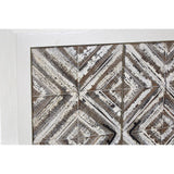 Close-up view of the Lombok Rustic Chevron 2 Door Cabinet featuring a textured chevron pattern in earthy tones, with a white frame surrounding the intricate design. The cabinet doors are slightly ajar, revealing a glimpse of the interior space