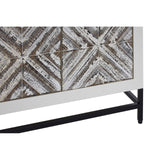 Rustic two-door cabinet featuring a chevron pattern on the front, with a light wood finish and a contrasting black metal base. The cabinet has a modern design with clean lines and a textured surface