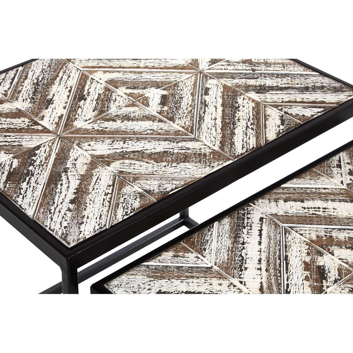 Geometric patterned wood nest of tables with black frame and rustic distressed finish