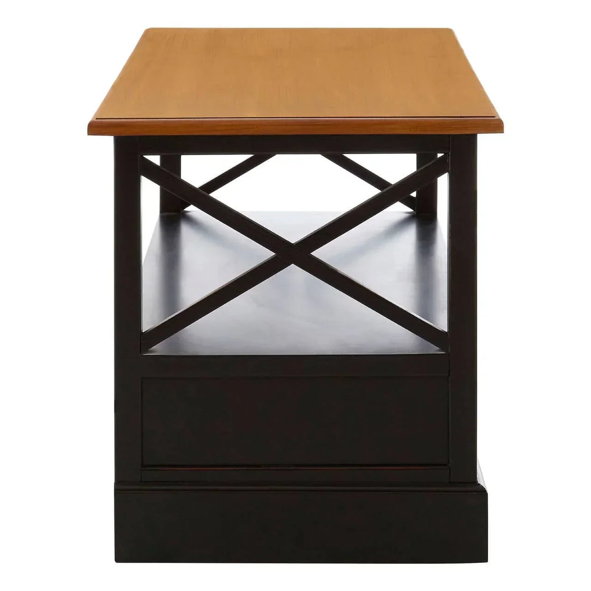 Wooden side table with black frame, cross design sides, and lower shelf, side angle view