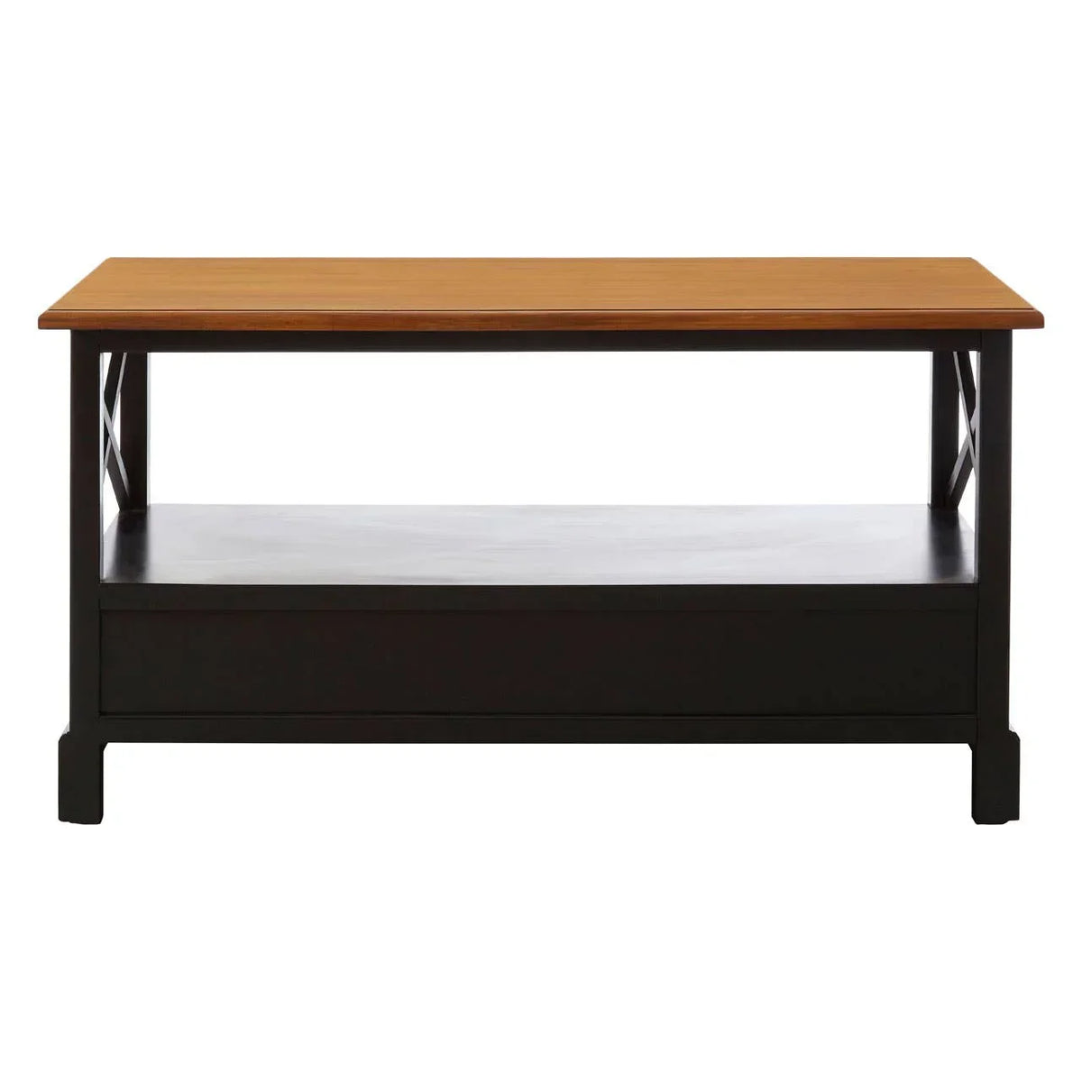 Rectangular wooden coffee table with black frame and lower storage shelf, front view
