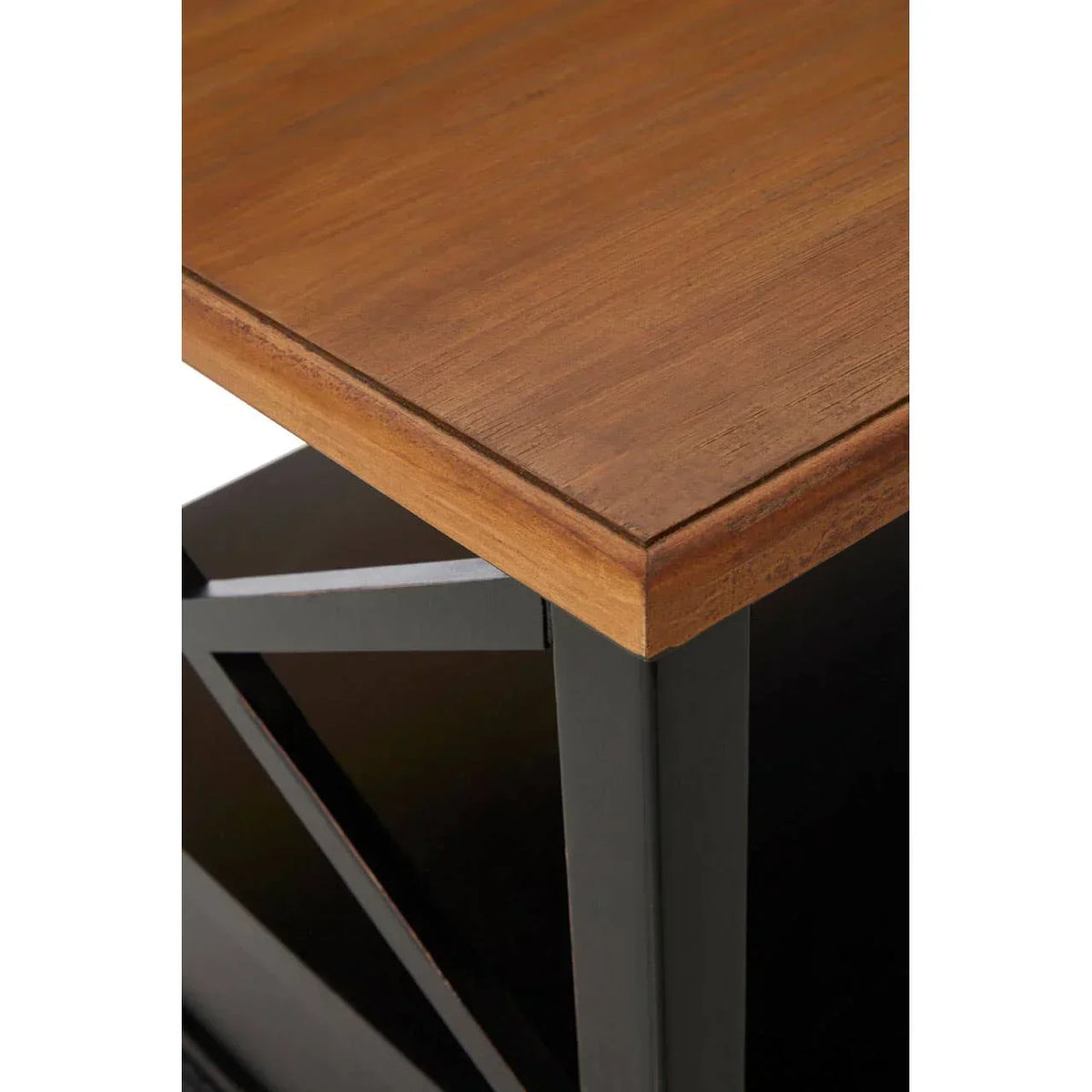 Close up of wooden tabletop with black metal frame corner, modern furniture detail